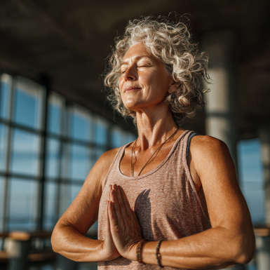 Літня жінка практикує йогу