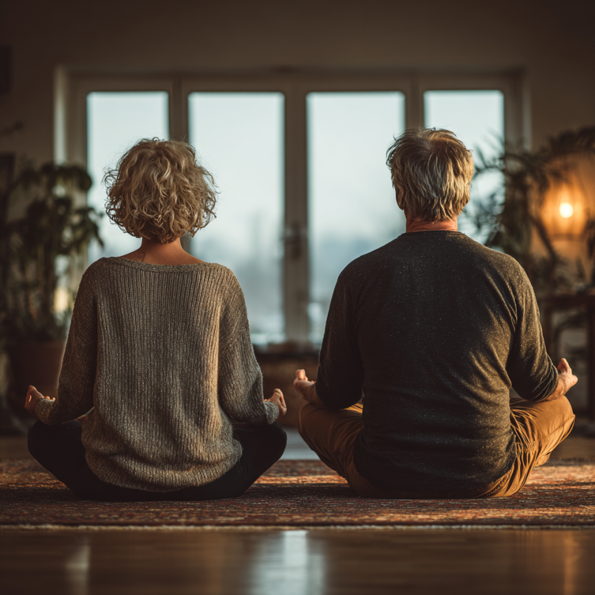 Група літніх людей займається йогою